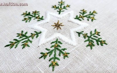 Ręcznie haftowany bieżnik " Białe gwiazdki "