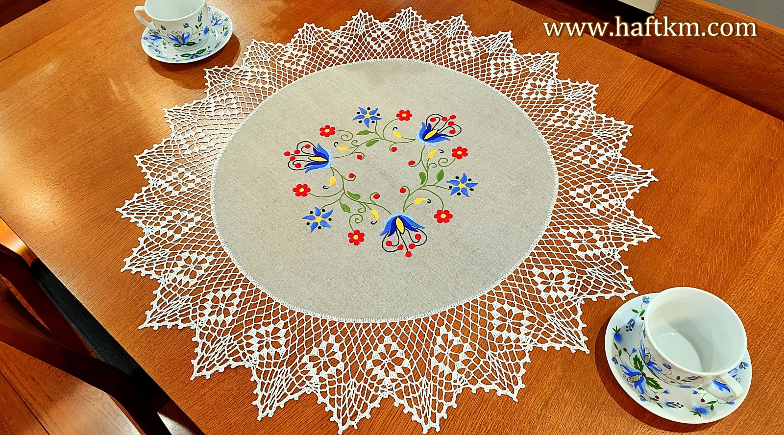 Hand embroidered tablecloth with a Kashubian motif.